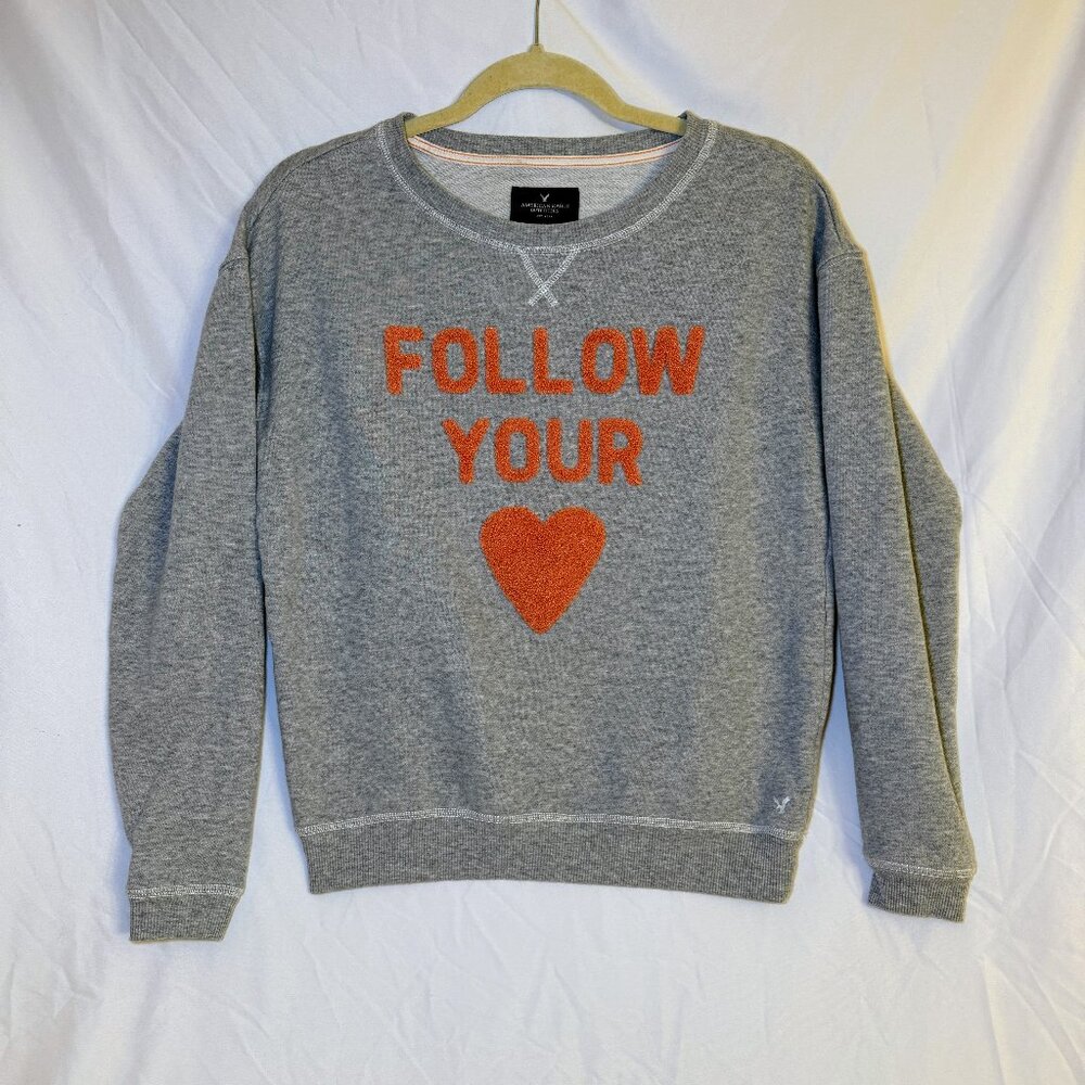 American Eagle Outfitters Women Tops, Grey "Follow Your Heart" Sweatshirt, Sz S
